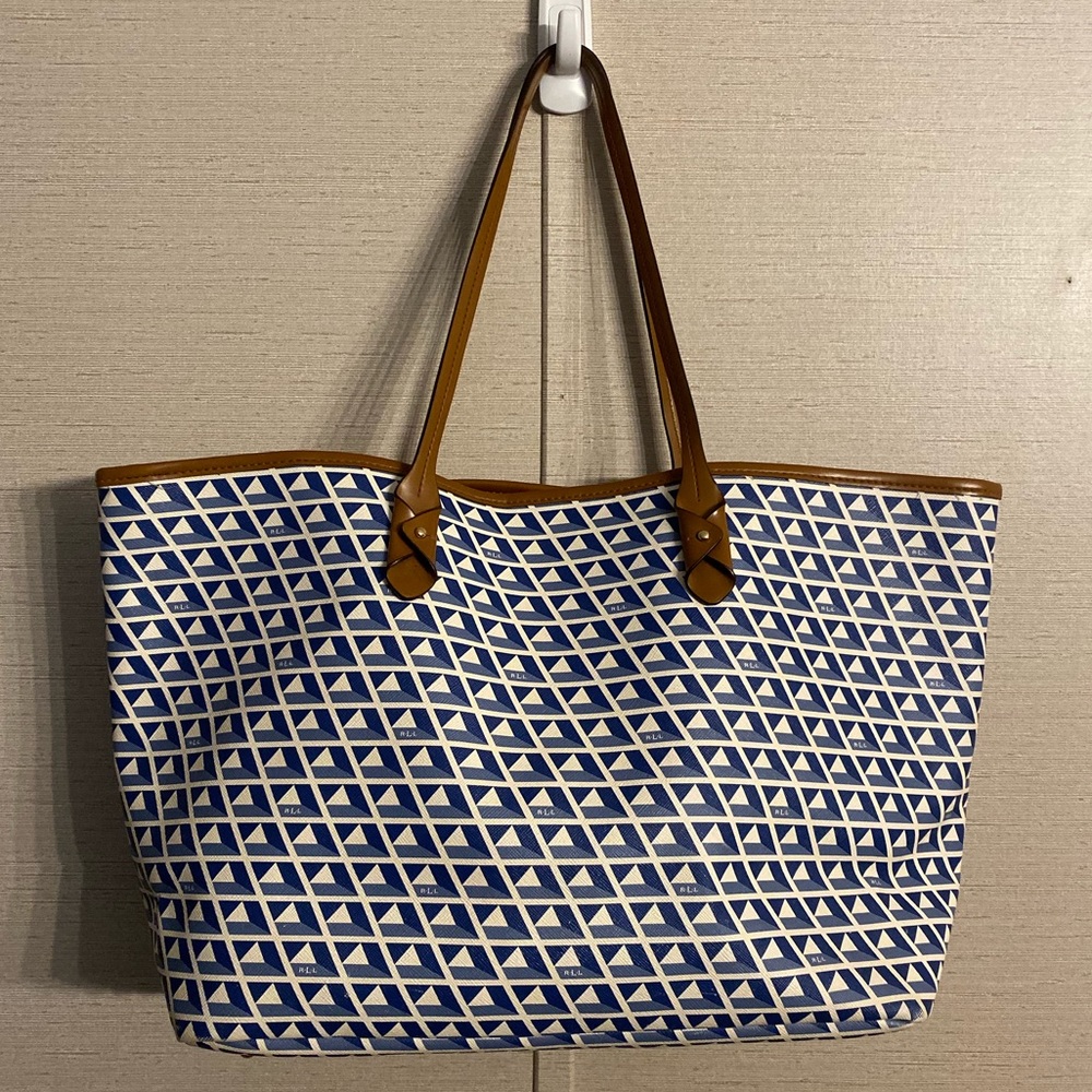Ralph Lauren Blue and White Romilly Signature Tote